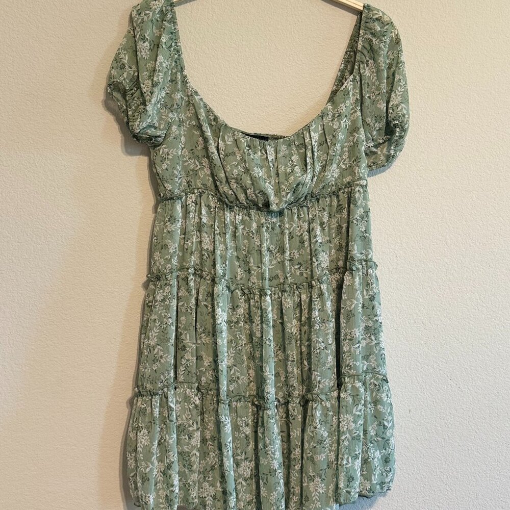 Green Floral Mini Babydoll Dress